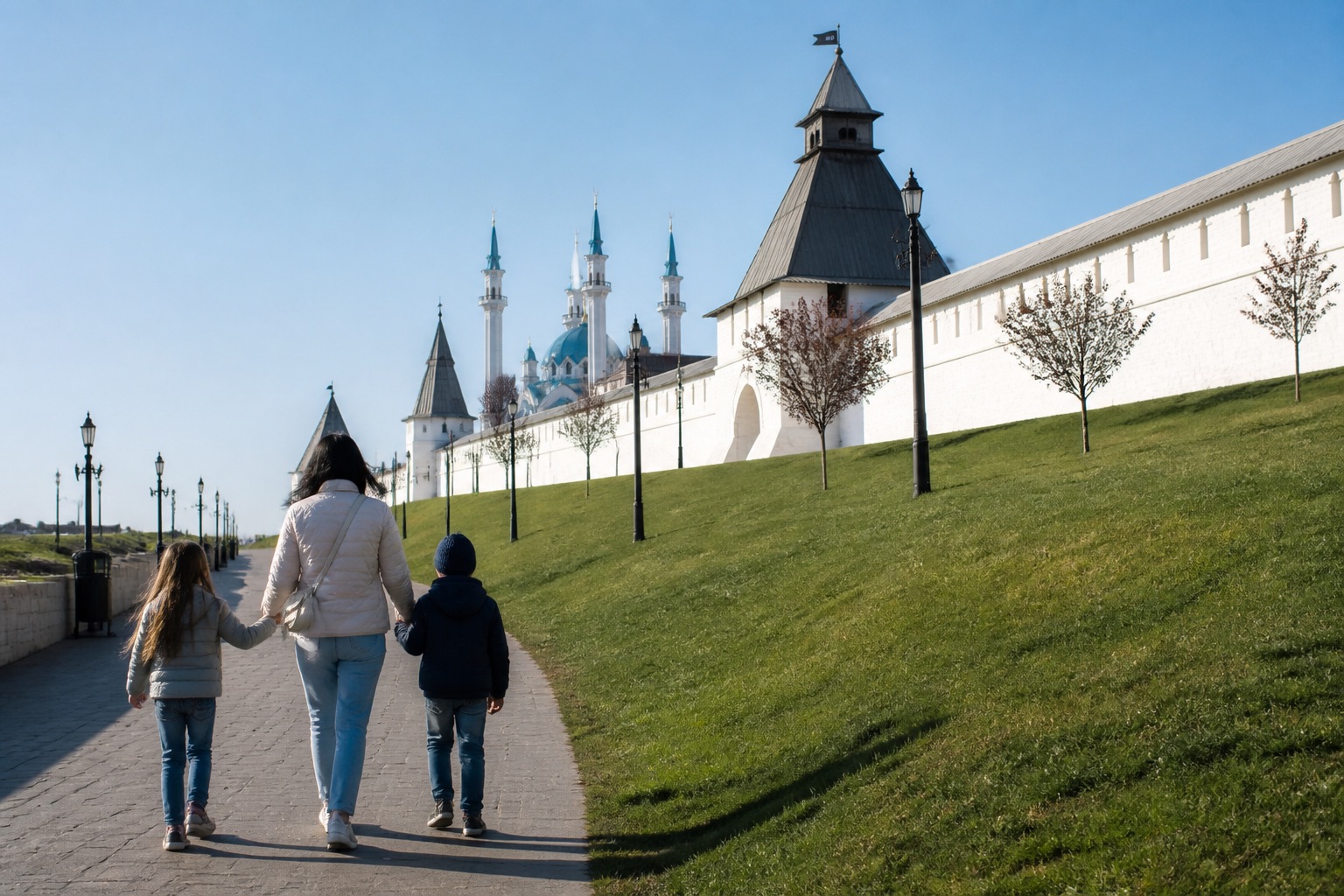 Семья на прогулке у Казанского кремля