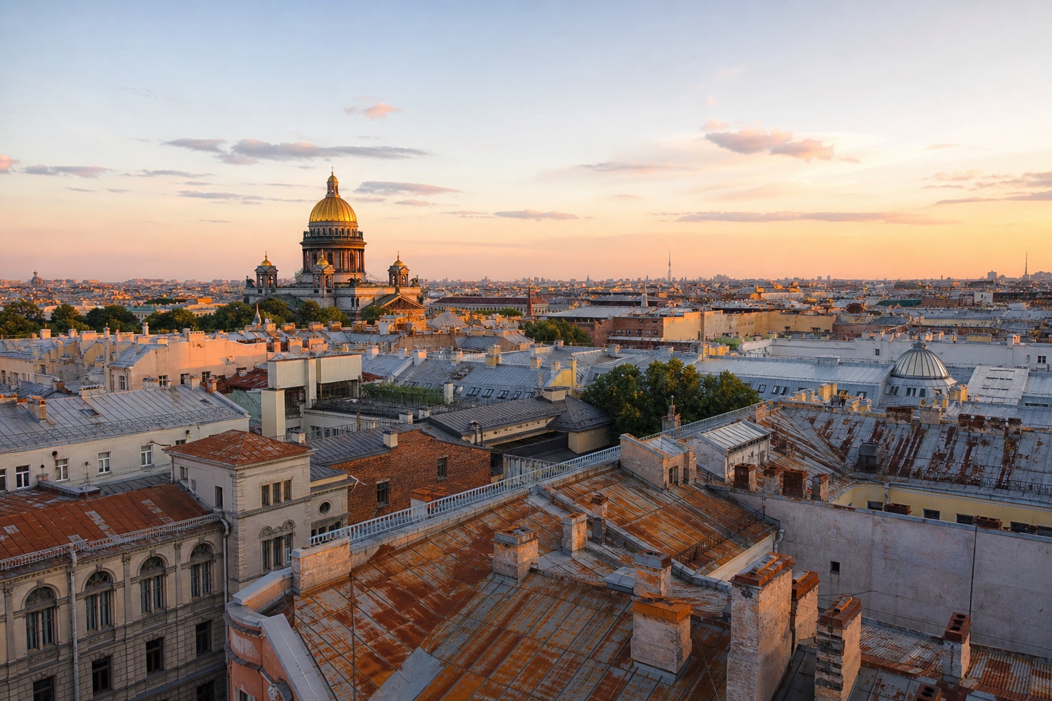 Вид на крыши Петербурга на закате