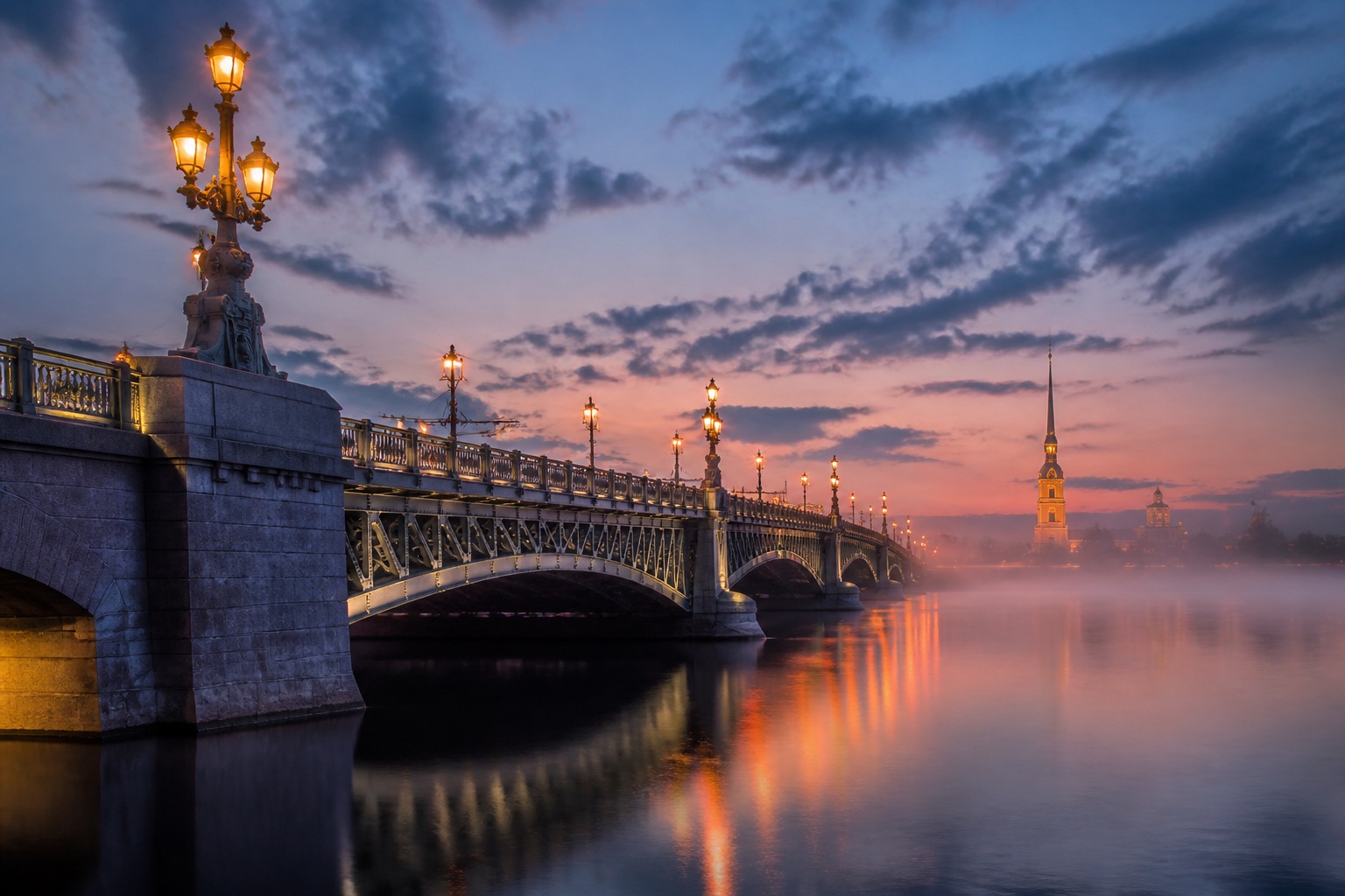 Троицкий мост и Нева в сумерках